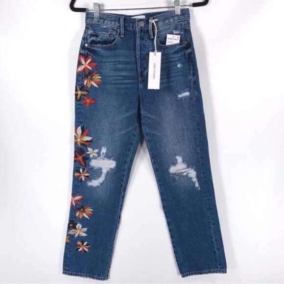 NWT DRIFTWOOD JORDIE Mom Jeans Embroidered Floral Button Fly DW-P42263A W24 L27